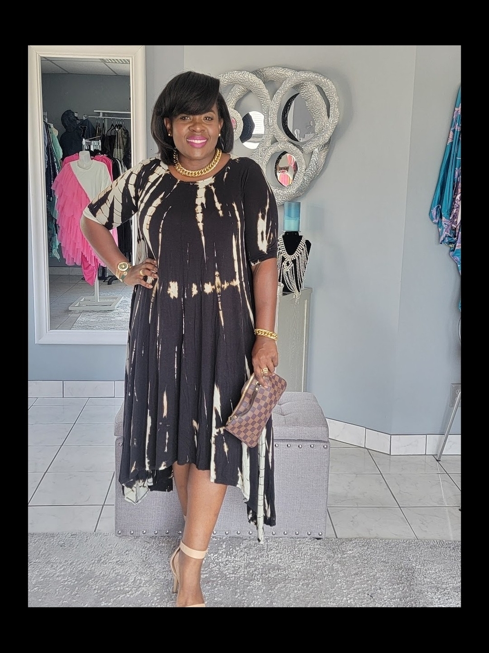 Plus Black & Cream Tie-Dye Midi Dress - Elegant Women's Swing Dress